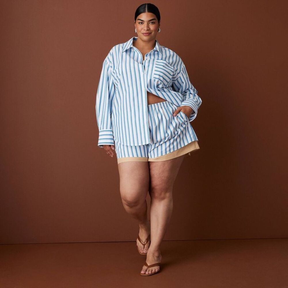 Women's Long Sleeve Oversized Poplin Button-Down Striped Shirt - Blue 4X